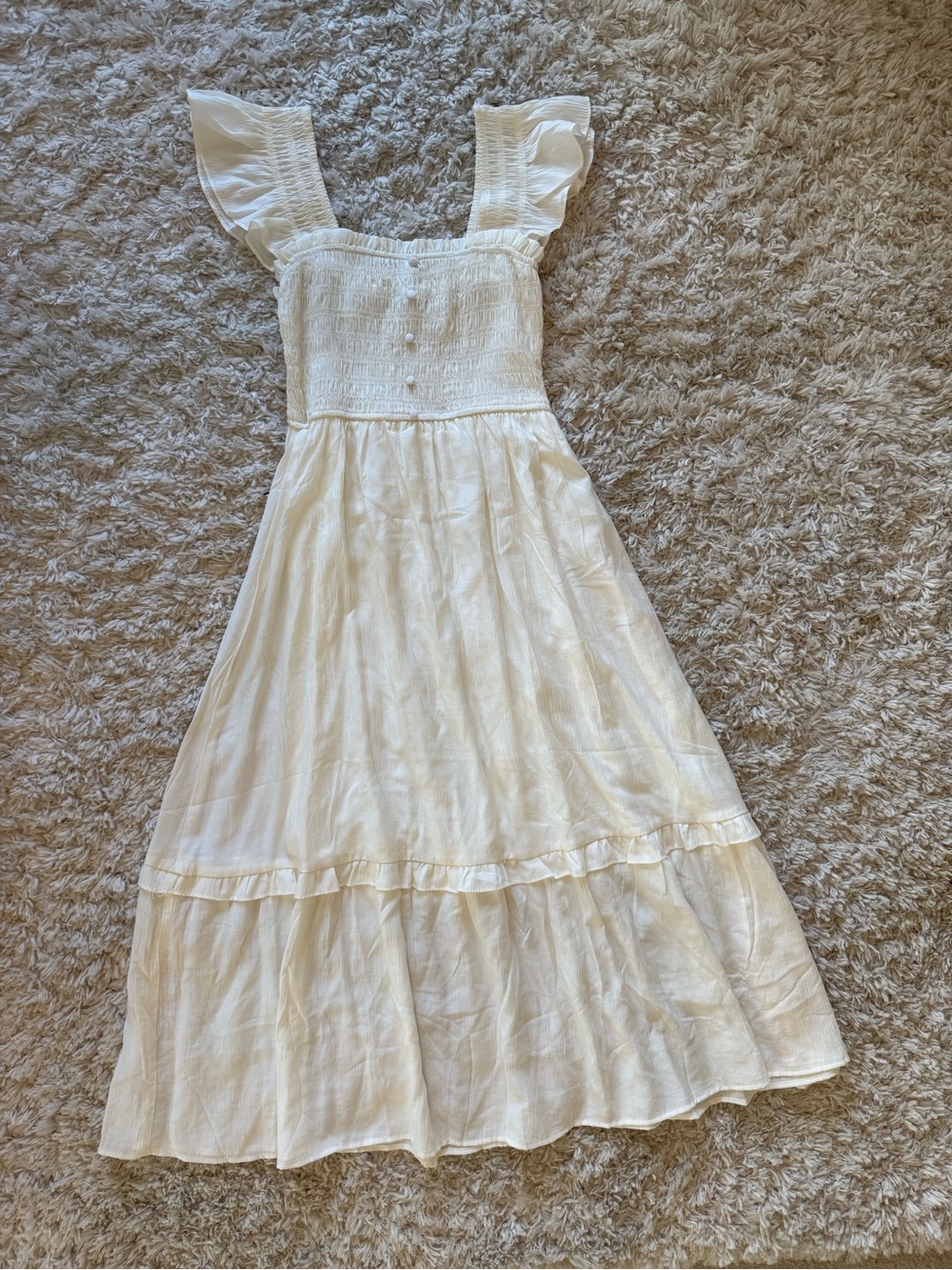 Blue Sage Ivory Smocked Ruffle Strap Tiered Midi Dress S